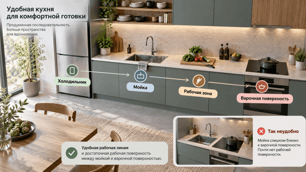 Где правильно расположить мойку на кухне