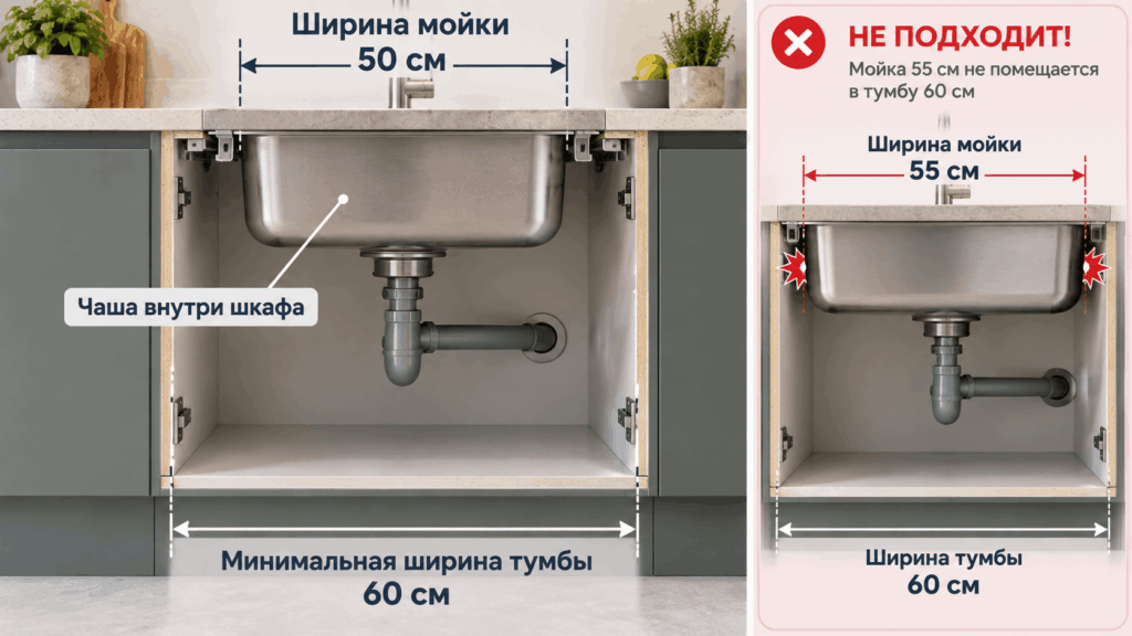 Размер мойки и ширина кухонной тумбы